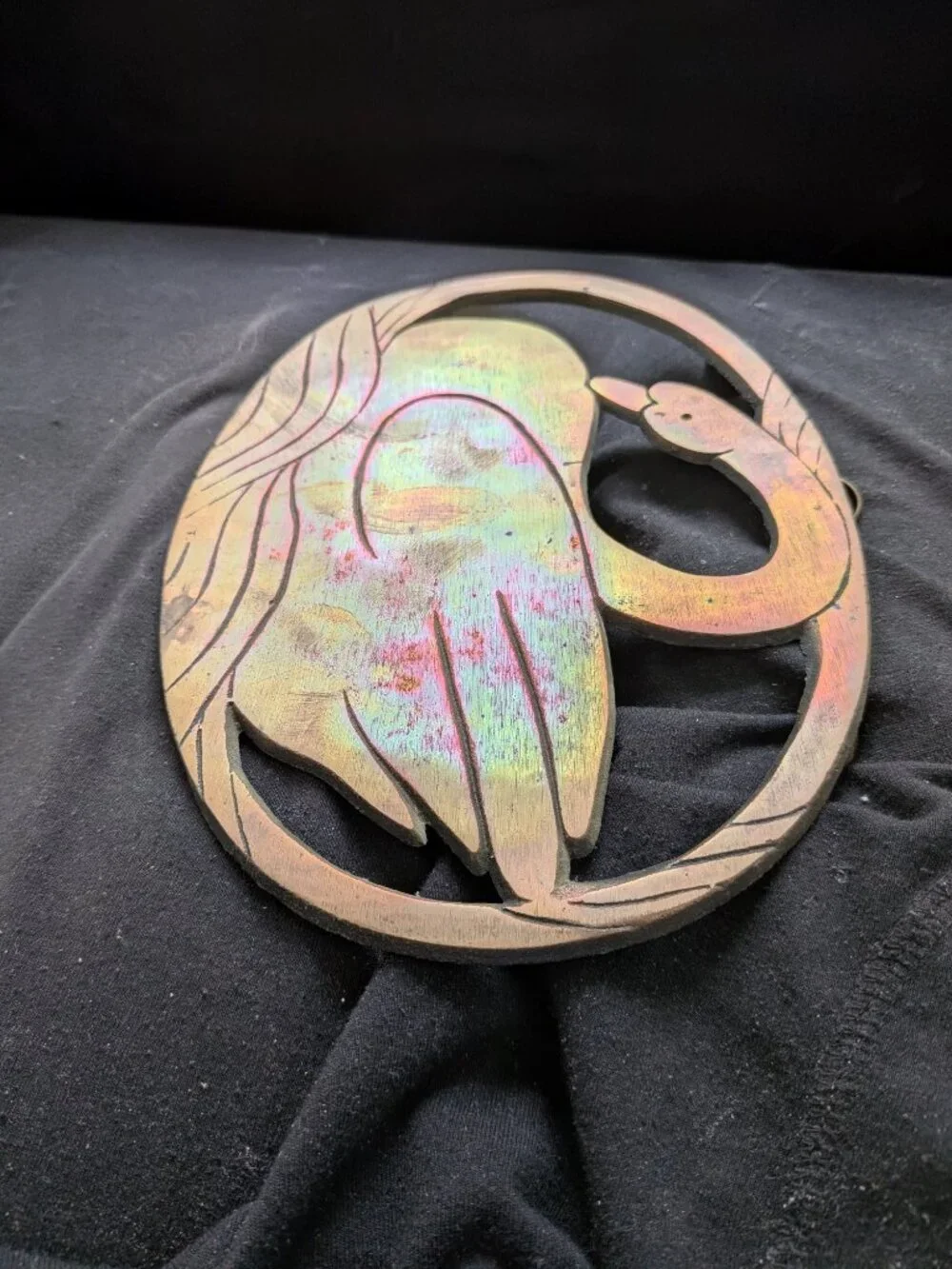 Vintage Solid Copper Swan Trivet Iridescent Rainbow Patina Wall Hanging